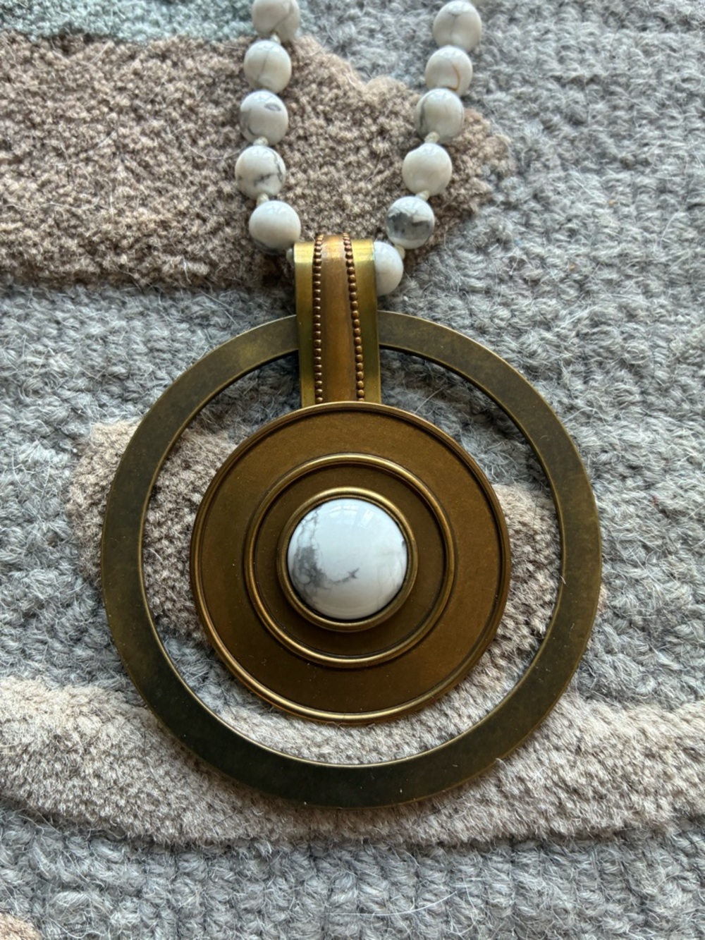 Jan Michaels White Howlite Bead Necklace with Brass Concentric Pendant